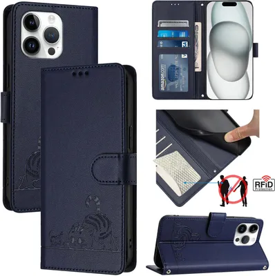 Produktbild von Leder Hülle für iPhone 15 Pro Max Süße Katze Flip Case Brieftasche Schutzhülle mit Standfunktion Blau