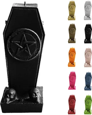 Produktbild von Candellana Kerze Sarg mit Pentagramm - Höhe: 17 cm - Brennzeit 35h - Halloween - Handgefertigt in der EU - Schwarz Metallic