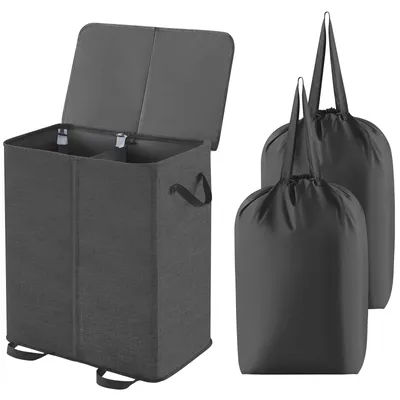 Wäschebox mit Deckel, 2 Fächer, 136 L, zusammenklappbar, Schwarz