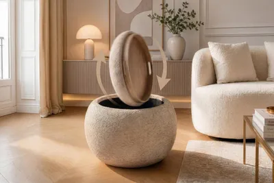 Produktbild von riess-ambiente Runder Couchtisch ORBIT 50cm champagner-greige Bouclé 2-in-1 Hocker mit Tablett und Stauraum