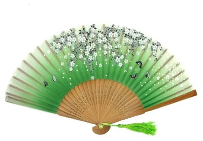 Produktbild von 923, 1 Stk. Hand- Deko-Fächer Hochzeitsfächer natur grün braun Nylon Holz