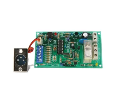 A circuit board with a DMX connector attached, shown against a white background.