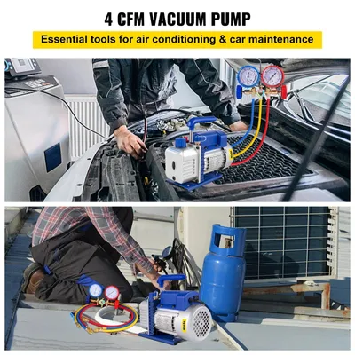 Obrázok produktu pre Vakuová pumpa – Chladiace médium – Vakuová pumpa – Chladiace zariadenie – Klimatizácia – Suchá pumpa, 4 CFM, 1/3 HP – s manometrom – Modrá