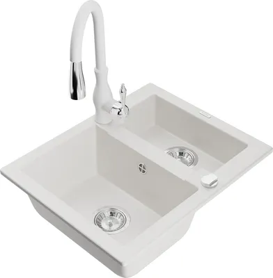 Produktbild von Mexen Carlos 1,5-Becken-Granitspüle mit Mischbatterie Savita, Weiß - 6518-20-672601-20