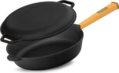 Produktbild von Gusseisenpfanne 28cm Gußeisenpfanne Holzgriff mit Deckel-Bratpfanne aus Gußeisen