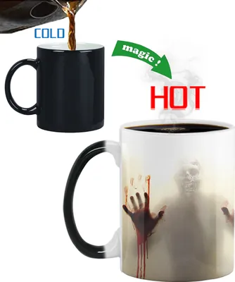 A collage showing a magic mug that changes color when hot liquid is added.