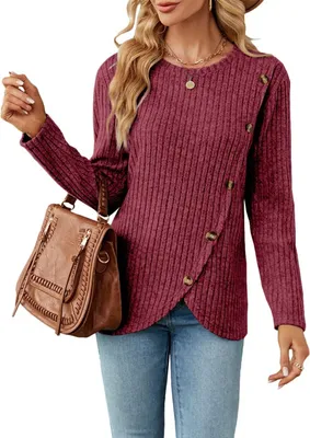 Produktbild von ASKSA Damen Langarm Einfarbig Rundhals Knoepfe Vorne Schlitz Oberteile Pullover, Weinrot, M