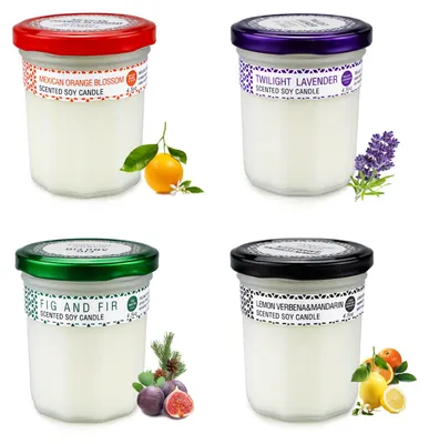 Obrázek produktu pro QEENTOED Dekokerzen 125g – sada 4 svíček v skleněných nádobách, dekorace do interiéru, relaxační svíčky, vůně: levandule, mexický pomerančový květ, fíkovník a jedle, citronová verveina