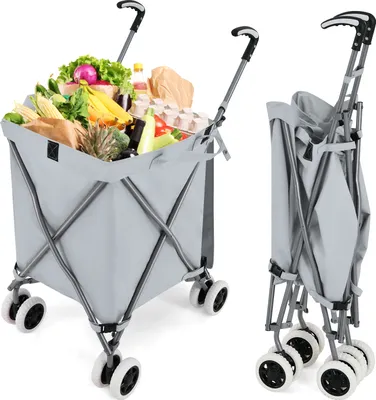 Produktbild von COSTWAY Einkaufstrolley klappbar 90L/55kg, Handwagen mit Rädern, Griff & abnehmbarer Oxford-Tasche, Einkaufswagen, Trolley Tasche Grau