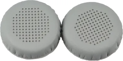 Two gray ear pads for headphones are shown against a white background.