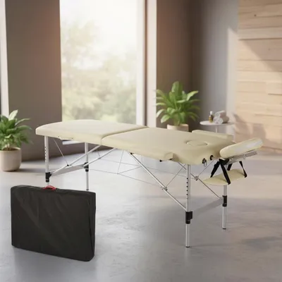 Produktbild von Massageliege 2 Zonen Aluminium Creme Therapiebank Kosmetiktisch Mobil Klappbar