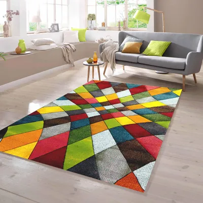 Produktbild von Teppich buntes Rautenmuster grün gelb orange Größe - 60 x 110 cm
