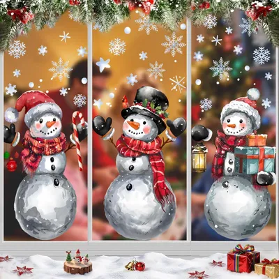 Productafbeelding van 6 stuks kerstdecoraties voor ramen, PVC, sneeuwmannen en sneeuwvlokken, herbruikbaar