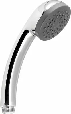 A chrome hand shower head with a gray spray plate, isolated on a white background.