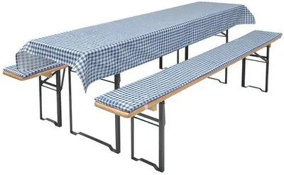 Produktbild von Ibenzoa® Biertisch- & Bankauflagen-Set – 2 Sitzkissen 220×25×1,6 cm + Tischdecke 240×70/90 cm, 70% Polyester/30% Baumwolle, PolyurethanFüllung, mit Gummibändern, Tischdecke 40°C waschbar