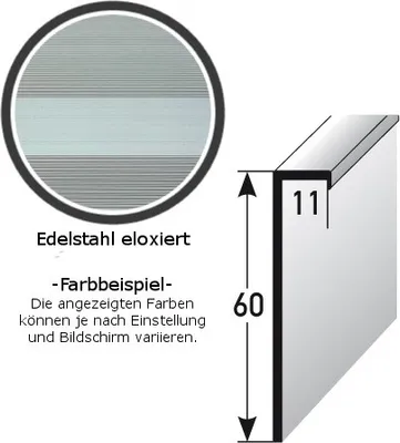 Produktbild von Einklebe-Sockelleiste für Designbeläge, Höhe: 60 mm, Breite: 11 mm, aus Aluminium (Edelstahloptik), ungebohrt, Typ: 382