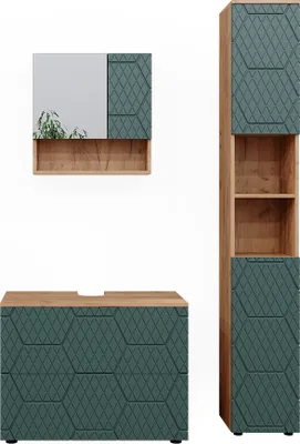 Obrázek produktu pro Sada nábytku do koupelny Vicco Irma Zelený/zlatý dub 3 kusy, se zásuvkovou jednotkou a vysokou jednotkou, Model 47195