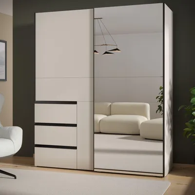 Image de Armoire - 2 portes coulissantes 3 tiroirs -Reproduction Sable et miroir - L170,3 x P61,2 x H200,5 cm - WINN 2