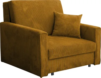 A mustard yellow corduroy sofa with a single throw pillow.