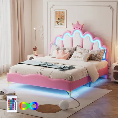 Produktbild von Flieks Polsterbett 140x200cm mit Lattenrost, Kinderbett mit Kronenförmigem Kopfteil, Jugendbett Doppelbett mit Led, Prinzessinnenbett Holzbett, PU