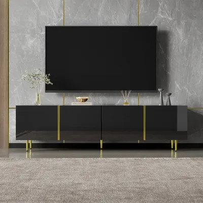 Produktbild von Flieks TV-Schrank mit 4 Türen, 170 cm auf goldenen Beinen, Schwarzes Hochglanz