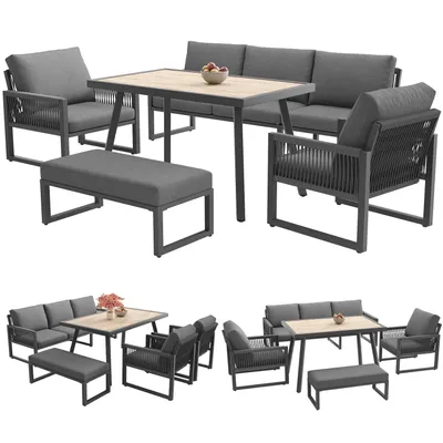 Produktbild von Gartenmöbel Set Outdoor Sofa 6-7 Sitzer, Gartenlounge-Set für Balkon Terrasse, Gartensofa mit großem Esstisch, Hochwertigen Sitzkissen & Rückenkissen