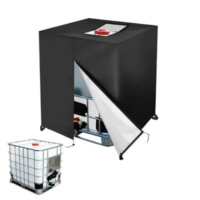 A black cover for an IBC tank is shown, with a section pulled back to reveal the tank inside. A separate image of an IBC tank is shown in the foreground.