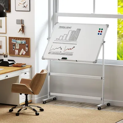 Zdjęcie produktu dla Tablica magnetyczna obrotowa, 120x90 cm, tablica magnetyczna mobilna, tablica suchościeralna na stojaku, biała | Obrotowa o 360° | 4 kółka z hamulcem | Metalowa konstrukcja