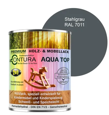 Produktbild von Contura 750ml. Möbellack Lack für Kinderspielzeug Buntlack DIN EN71/3 Buntlack Holzlack - RAL 7011 Stahlgrau