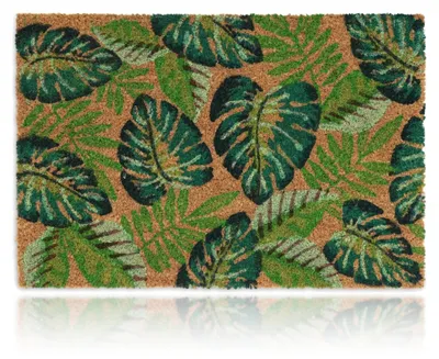 Zdjęcie produktu dla Wycieraczka Relaxdays z włókna kokosowego, wzór liści, 60 x 40 cm, antypoślizgowa, odporna na warunki atmosferyczne, do użytku wewnątrz i na zewnątrz, wielokolorowa, Obraz wygenerowany przez AI
