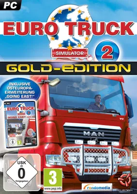 The cover art for the video game Euro Truck Simulator 2 Gold Edition, featuring a red truck and game title.