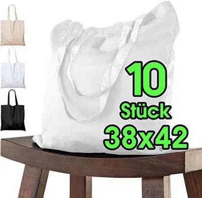 Produktbild von PromoHome® Baumwoll-Einkaufstaschen 38 x 42 cm – Set aus 10, Weiß, nachhaltig