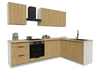 Produktbild von Eckküche - 260x170 cm - Hicora-Eiche - 8 Küchenschränke - mit beigem Arbeitsplatte - moderne Küchenmöbel-Set - BONO