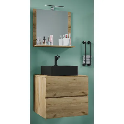 Produktbild von VCM 3-tlg. Waschplatz Waschtisch | schwarzes Waschbecken Unterschrank Breite 60 cm |  Badmöbel Set mit Schubladen Spiegel | Lendas S BL