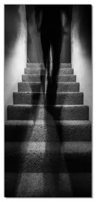 Produktbild von Wallario selbstklebende Türtapete 93 x 205 cm - Mysteriöse Treppe mit Schattenfigur - Schwarzweiß - Abwischbar, rückstandsfrei zu entfernen