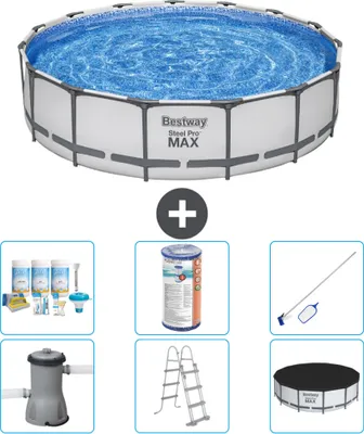 Produktbild von Bestway Round Steel Pro MAX Schwimmbad – 457 x 107 cm – Grau – inklusive Pumpe – Leiter – Abdeckung Wartungspaket - Filter - Reinigungskit