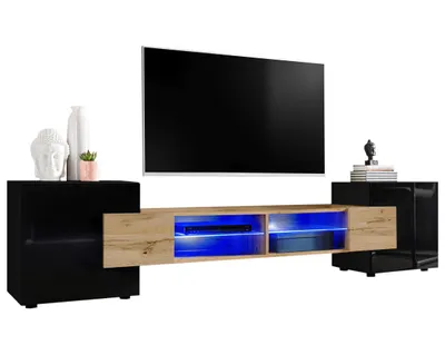 Obrázek produktu pro Extreme Furniture Bridge Tv Skříňka | Skříňka Do Obývacího Pokoje Se 2 Skleněnými Policemi A 2 Dvířky Černá Kostra A Fronty Wotan