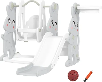 Produktbild von 4-in-1 Spielset für Kleinkinder: Rutsche, Schaukel, Klettergerüst, Basketballkorb | Hasendesign, Kunststoff, Grau | Indoor & Outdoor Spielplatz