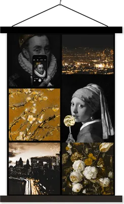 Produktbild von MuchoWow® Textilposter Collage - Kunst - Gold - Schwarz 40x60 cm mit schwarzem Rahmen - Wanddekorationen