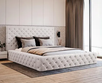 Obrázek produktu pro Čalouněná postel 160x200 Amor s úložným prostorem, kovovým roštem – dvojlůžko Chesterfield z velurové látky (krémová – Elegance 1)