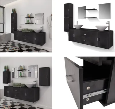 Produktbild von vidaXL 11 tlg. Badmöbel Set mit Waschbecken und Wasserhahn Schwarz - Badezimmermöbel - Badmöbel - Badmöbel Set - Badschrank