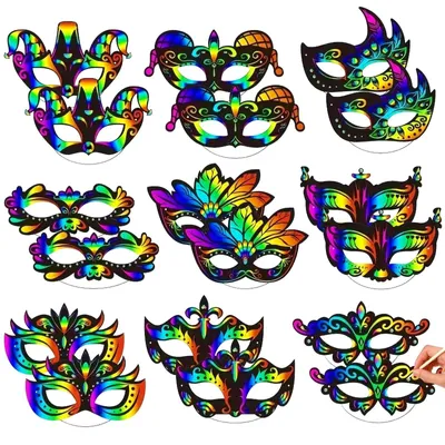 Produktbild von Kratzbilder Masken Bastelset - 24 Stück - Papiermasken zum Selbstgestalten - Für Kinder - Scratch Art Design