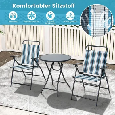 Zdjęcie produktu dla 3-częściowy zestaw balkonowy, stół bistro z 2 składanymi krzesłami, zestaw do siedzenia z solidną metalową ramą