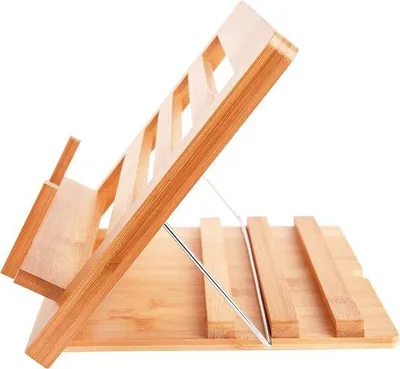 Produktbild von Unyqoos® Bambus-Kochbuchständer 34 x 24 x 2 cm (gefaltet) – 3-fach verstellbar, Leseständer für Kochbuch & Tablet, Naturholz,