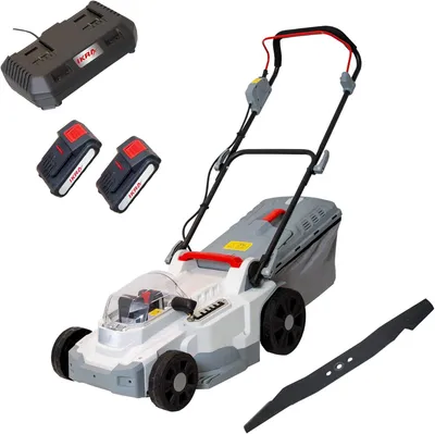 Zdjęcie produktu dla Kosiarka akumulatorowa z funkcją mulczowania, w zestawie 2 akumulatory i podwójna ładowarka, szerokość koszenia 37 cm