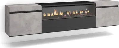 A modern, wall-mounted TV cabinet with a built-in electric fireplace.