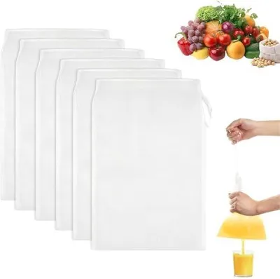 Produktbild von 6 Stück Nussdrinkbeutel, 20 × 30 cm, Feingewebt Passiertuch Nylon Filterbeutel, Nussdrinkbeutel Wiederverwendbar mit Kordelzug, Waschbar, für Nussdrink Käse Kaffee Joghurt Fruchtsaft
