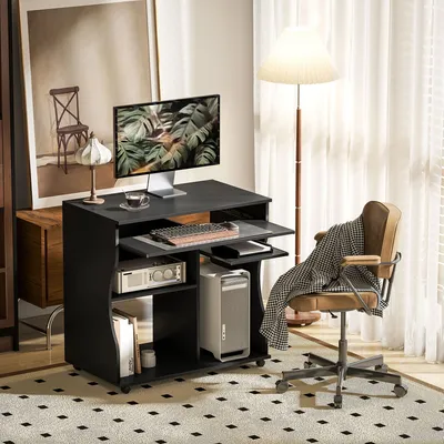 Immagine prodotto di MODFU Scrivania con ampio spazio di archiviazione, scrivania con ripiano, scrivania per computer con 4 rotelle, nero