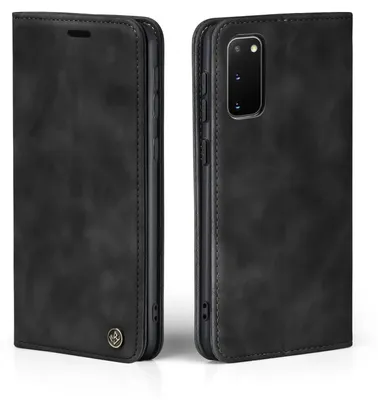 A black flip cover phone case for a Samsung Galaxy S20 is shown from two angles.