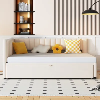 Produktbild von okwish Tagesbetten 90/180×200 mit Ausziehbett, Kinderbett platzsparendes Design, Schlafsofa in Beige,Ohne Matratze